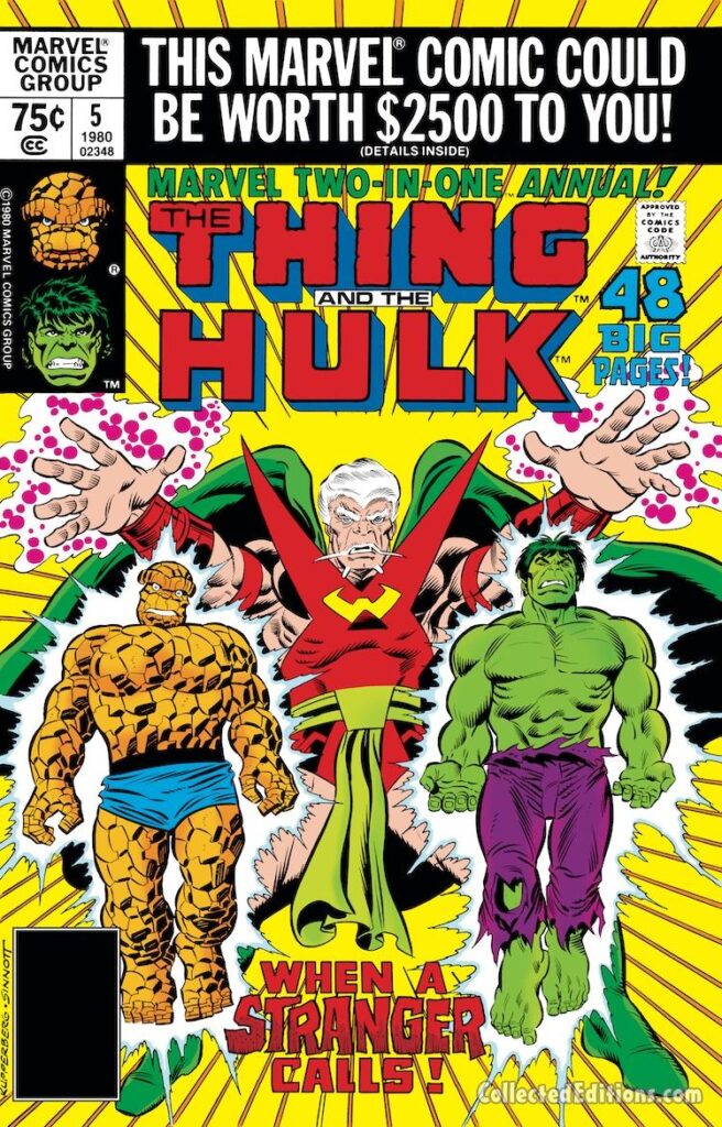Marvel Two-In-One Annual #5 cover; pencils, Alan Kupperberg; inks, Joe Sinnott; Thing, Incredible Hulk, When a Stranger Calls, 48 Big Pages