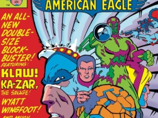 Marvel Two-In-One Annual #6 cover; pencils, Ed Hannigan; inks, Walter Simonson; Thing, Introducing American Eagle, All-New Double-Size Blockbuster; Klaw, Ka-Zar the Savage, Wyatt Wingfoot, and much more
