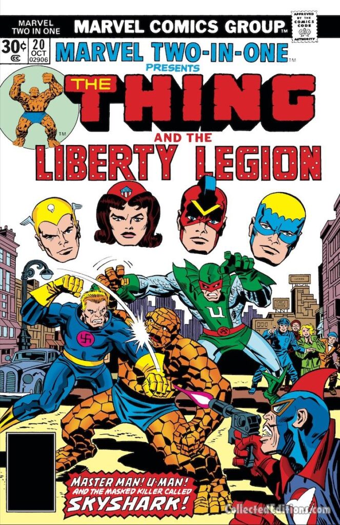Marvel Two-In-One #20 cover; pencils, Jack Kirby; inks, Frank Giacoia; Thing and the Liberty Legion, Whizzer, Miss America, Patriot, Blue Diamond, Master Man, U-Man, Skyshark