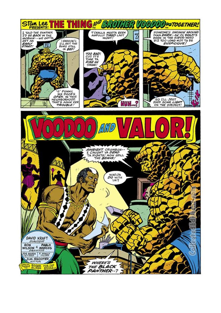 Marvel Two-In-One #41, pg. 1; layouts, Ron Wilson; pencils and inks, Pablo Marcos; Brother Voodoo and Valor, The Thing team-up, David Anthony Kraft