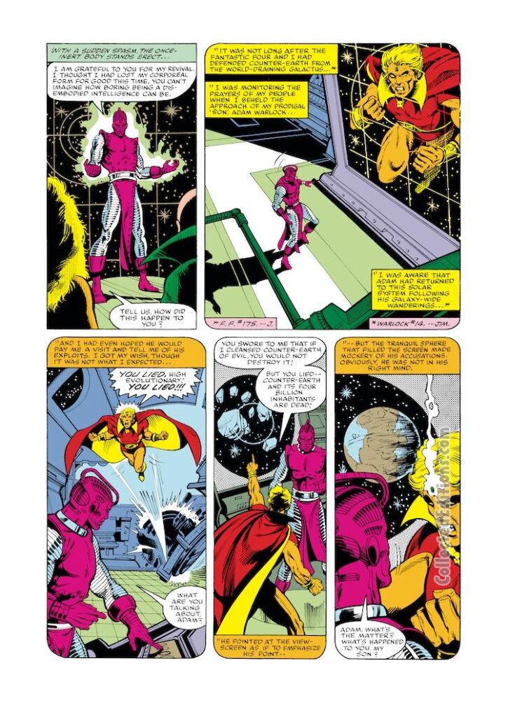 Marvel Two-In-One #62, pg. 14; pencils, Jerry Bingham; inks, Gene Day; Thing, Warlock, High Evolutionary, Thing, flashback