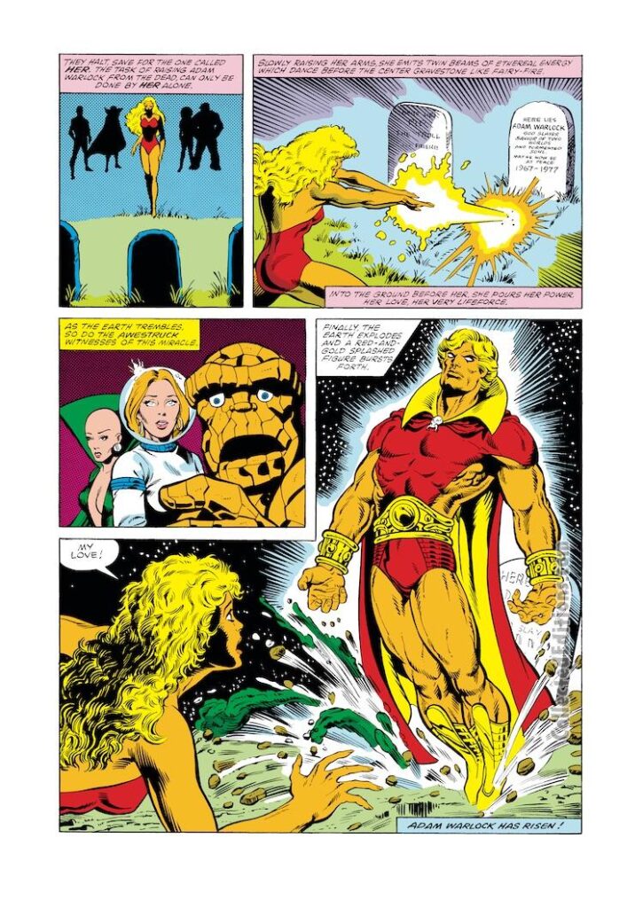 Marvel Two-In-One #63, pg. 15; pencils, Jerry Bingham; inks, Gene Day; Thing; Warlock, Her; Him, Adam Warlock, Alicia Masters, Moondragon