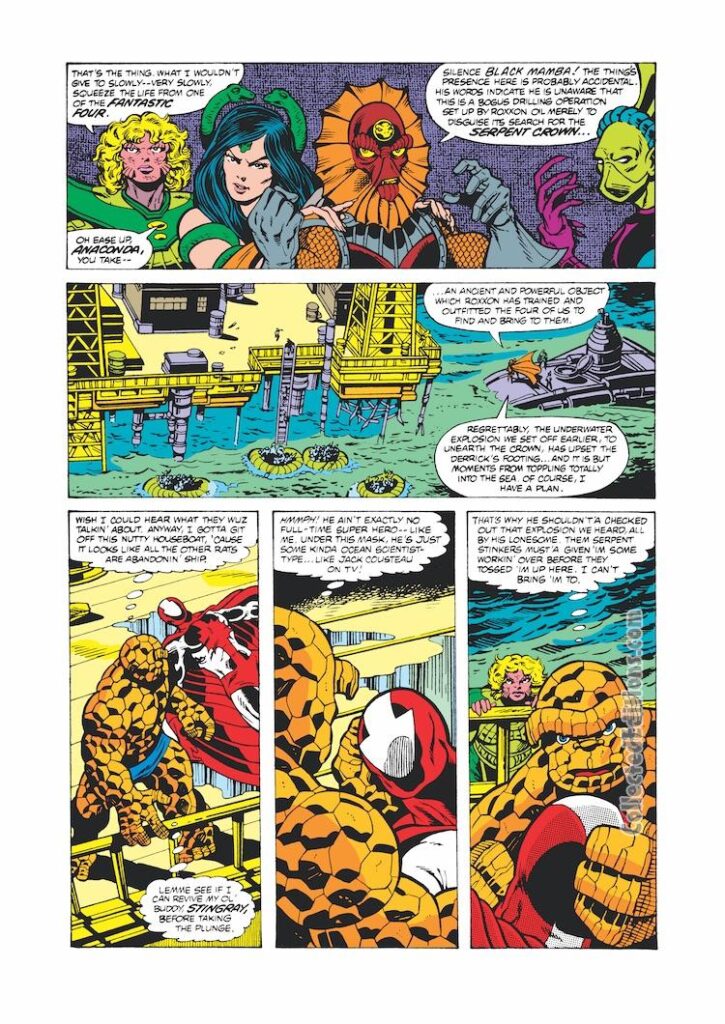Marvel Two-In-One #65, pg. 2; layouts, George Pérez; pencils and inks, Gene Day; Thing, Stingray, Serpent Squad; Black Mamba; Serpent Crown; Anaconda, Princess Python