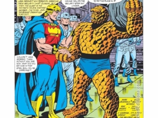 Marvel Two-In-One #67, pg. 1; pencils, Ron Wilson; inks, Gene Day; Thing, Quasar, Splash page; Passport to Oblivion, Mark Gruenwald, Ralph Macchio, Hyperion