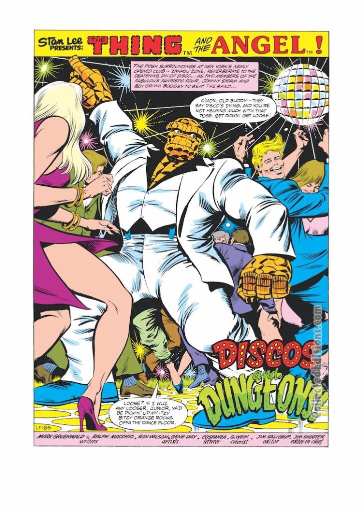 Marvel Two-In-One #68, pg. 1; layouts, Ron Wilson; pencils, Pablo Marcos; inks, Gene Day; Thing, Angel, Warren Worthington III, discos and dungeons, Mark Gruenwald, Ralph Macchio