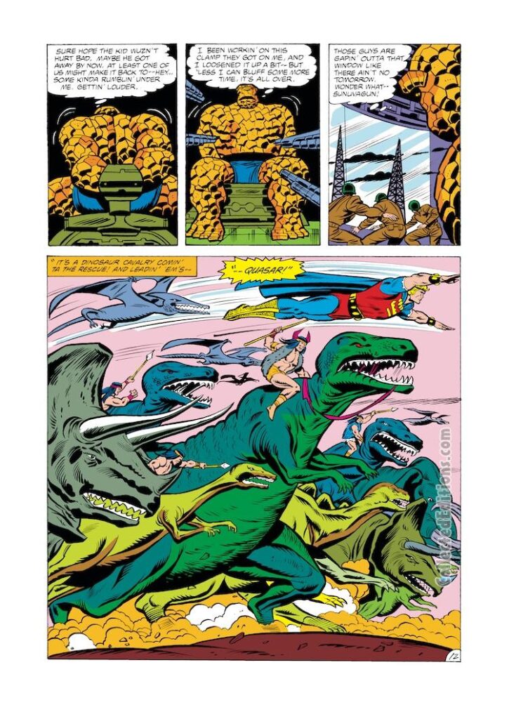Marvel Two-In-One #73, pg. 12; pencils, Ron Wilson; inks, Chic Stone; Thing, Quasar, dinosaurs