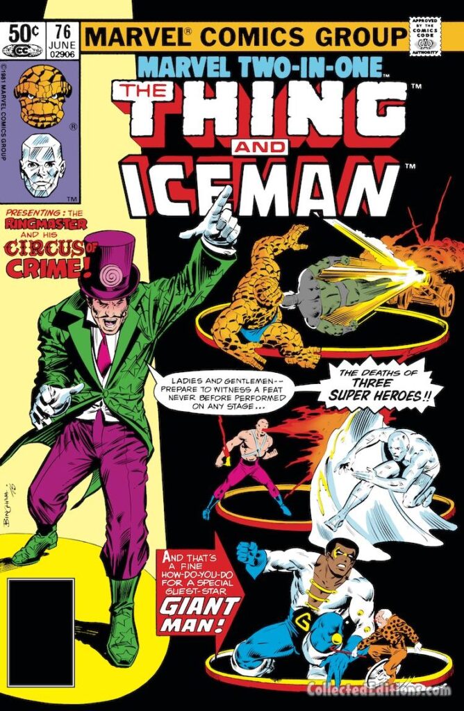 Marvel Two-In-One #76 cover; pencils, Jerry Bingham; inks, Joe Sinnott; Thing, Iceman, Ringmaster and his Circus of Crime, Giant-Man, Hank Foster, Black Goliath