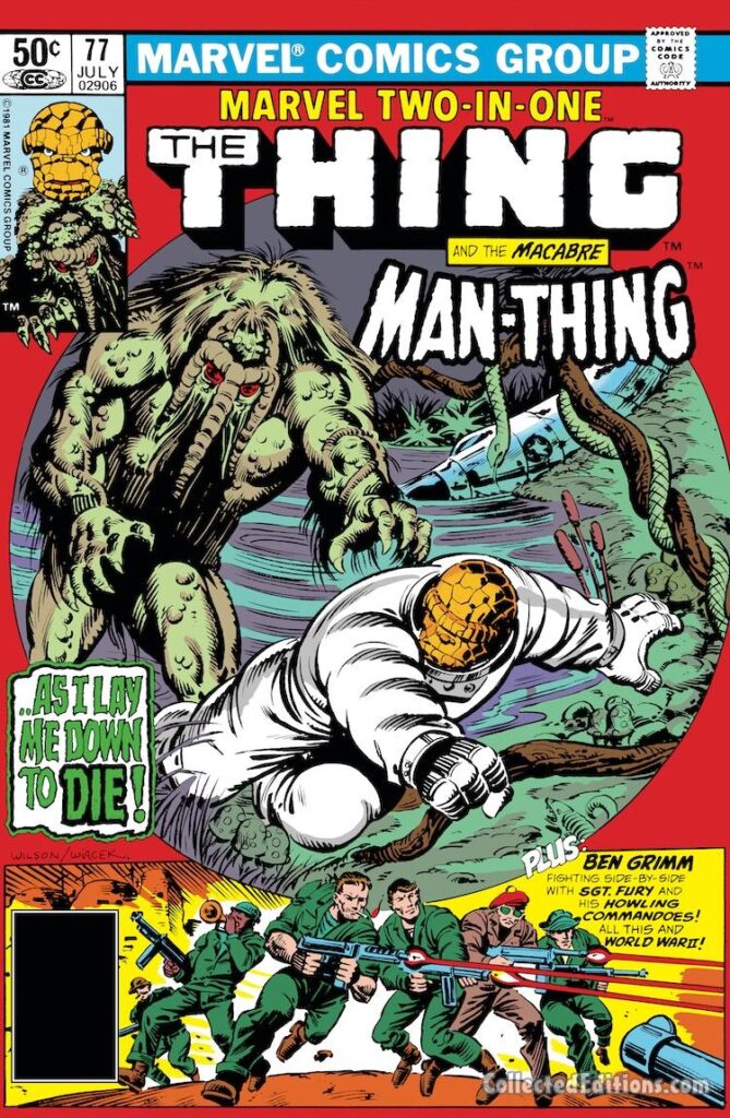 Marvel Two-In-One #77 cover; pencils, Ron Wilson; inks, Bob Wiacek; Man-Thing, Ben Grimm, As I Lay Me Down to Die, Sgt. Fury and His Howling Commandoes