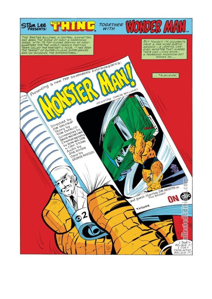 Marvel Two-In-One #78, pg. 1; pencils, Ron Wilson; inks, Chic Stone; Monster Man, Ted Silverberg, Thing, Jim Shooter as the Beaver, Tom DeFalco, splash page