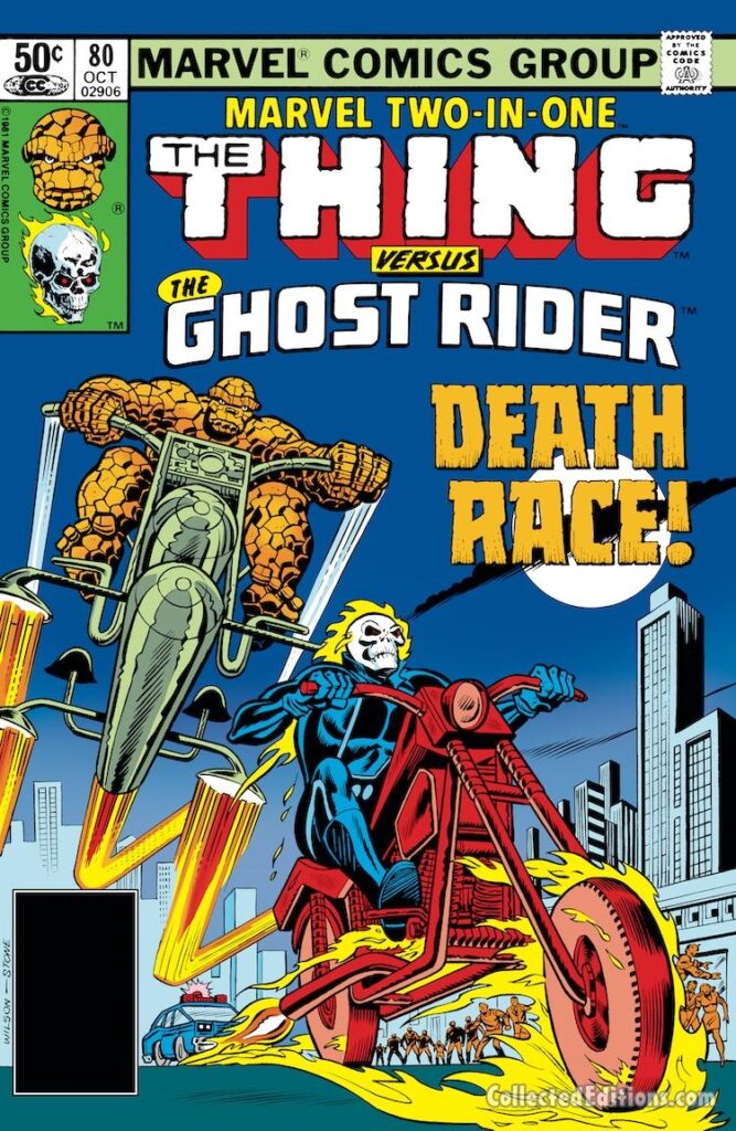 Marvel Two-In-One #80 cover; pencils, Ron Wilson; inks, Chic Stone; Thing, Ghost Rider, Johnny Blaze, Death Race