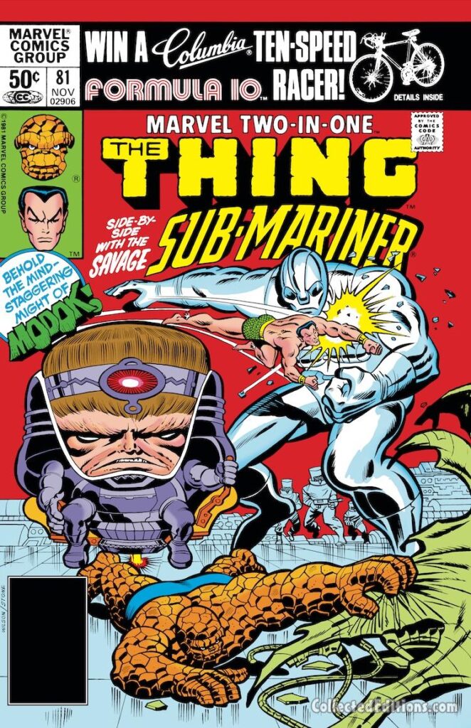 Marvel Two-In-One #81 cover; pencils, Ron Wilson; inks, Chic Stone; Thing, Side by side with the Savage Sub-Mariner; Behold the Mind-Staggering Might of MODOK