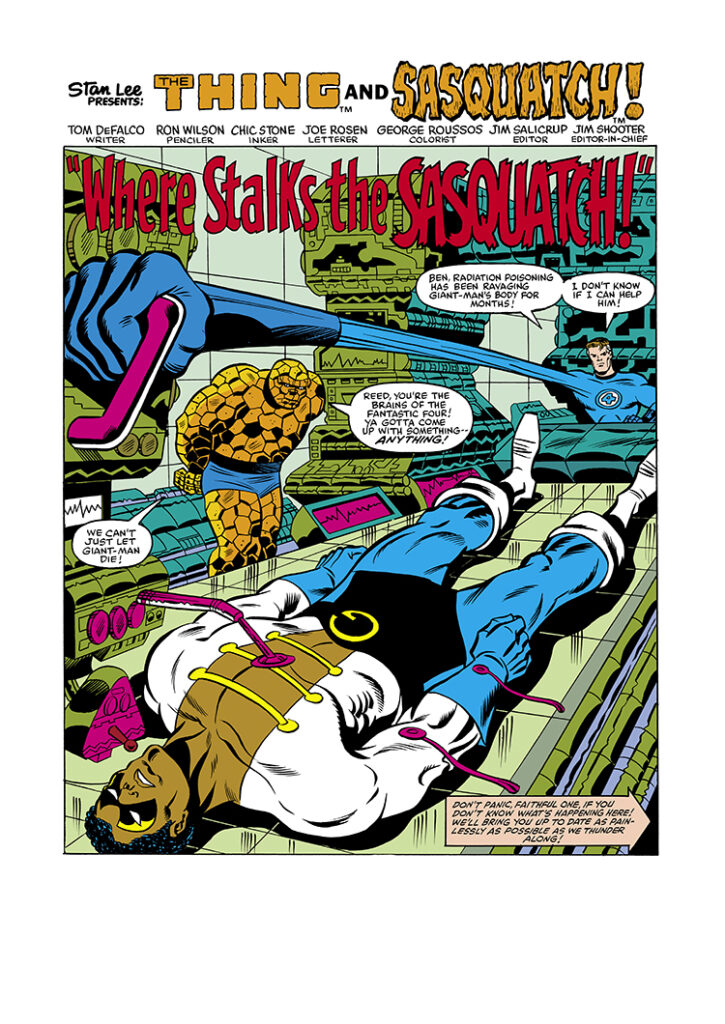 Marvel Two-In-One #83, pg. 1; pencils, Ron Wilson; inks, Chic Stone; Thing; Where Stalks the Sasquatch splash page, Tom DeFalco, Giant-Man, Bill Foster, Reed Richards, Mister Fantastic, Stan Lee Presents