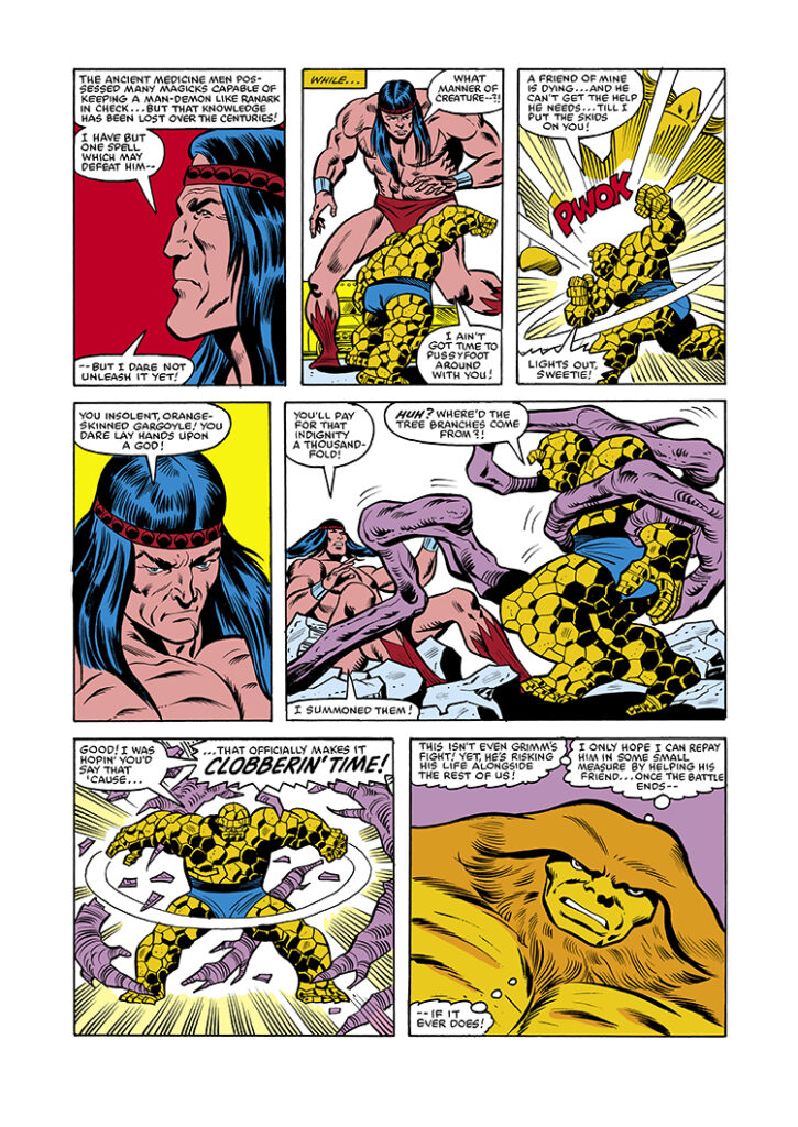 Marvel Two-In-One #84, pg. 16; pencils, Ron Wilson; inks, Chic Stone; Thing; Sasquatch, the Ravager, Clobberin’ time