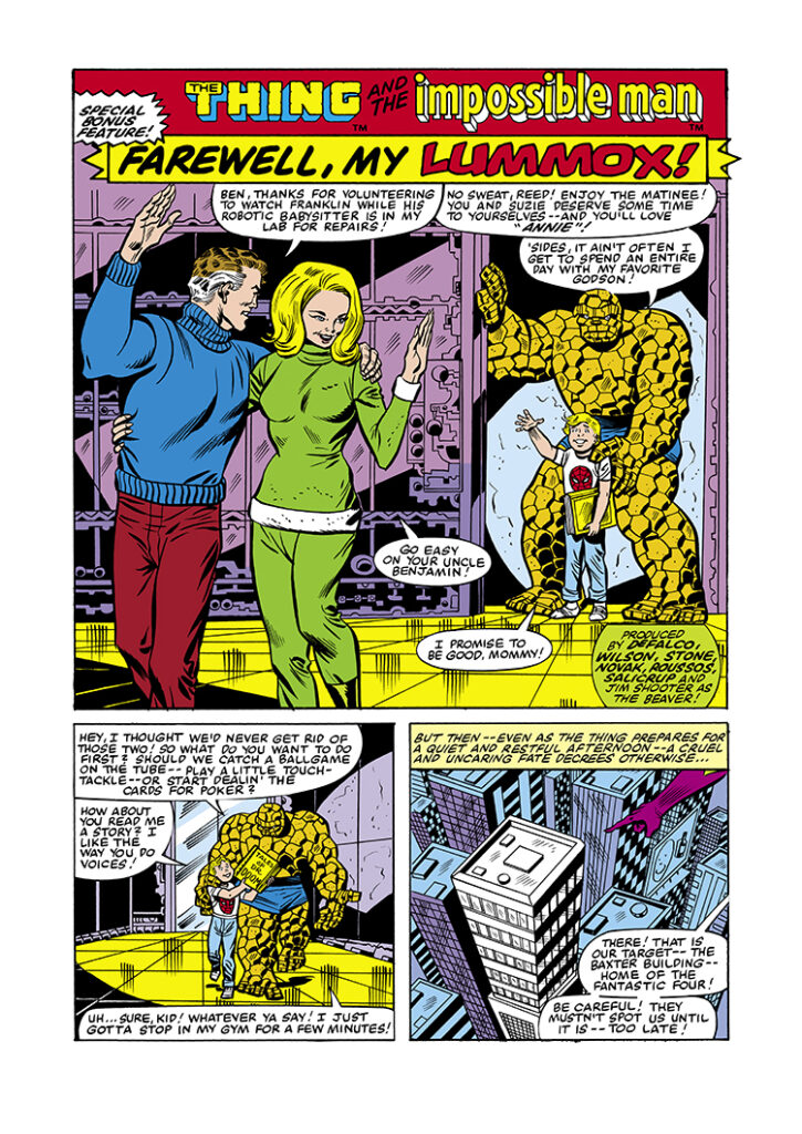 Marvel Two-In-One #86, pg. 16; pencils, Ron Wilson; inks, Chic Stone; Thing; Farewell my Lummox, Special bonus feature, Impossible Man, Reed Richards, Susan Storm, Baxter Building, Franklin Richards