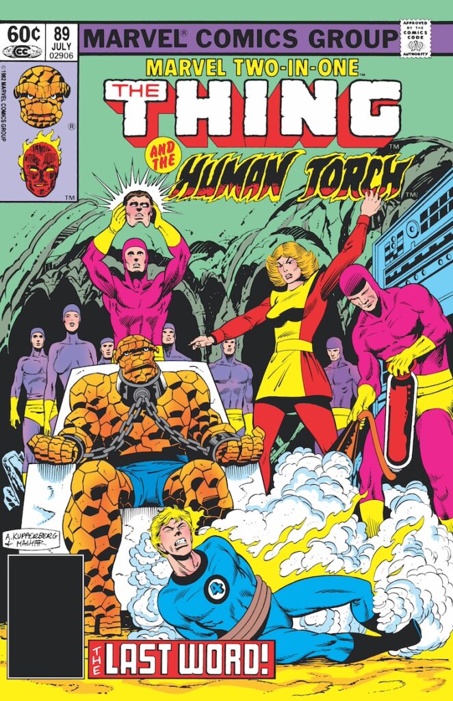 Marvel Two-In-One #89 cover; pencils, Alan Kupperberg; inks, Rick Magyar; Thing, Human Torch, Johnny Storm, The Last Word, Ultima