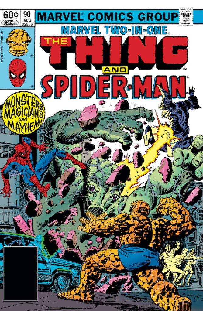 Marvel Two-In-One #90 cover; layout, Ed Hannigan; pencils and inks, Al Milgrom; Thing, Spider-Man, Monsters, Magicians, Mayhem