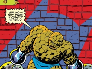Marvel Two-In-One #91 cover; pencils, Ron Wilson; inks, Chic Stone; Thing, chained, aw no, not you, it can&rsquo;t be you, Batman shadow on brick wall, the Sphinx