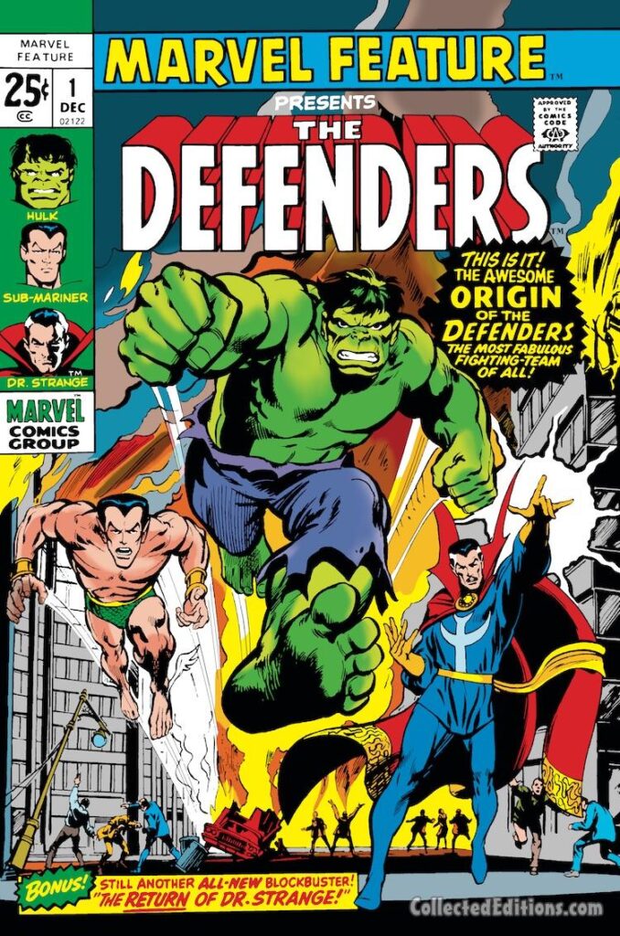 Marvel Feature #1 cover; pencils and inks, Neal Adams; first appearance The Defenders, Doctor Strange, Silver Surfer, Incredible Hulk