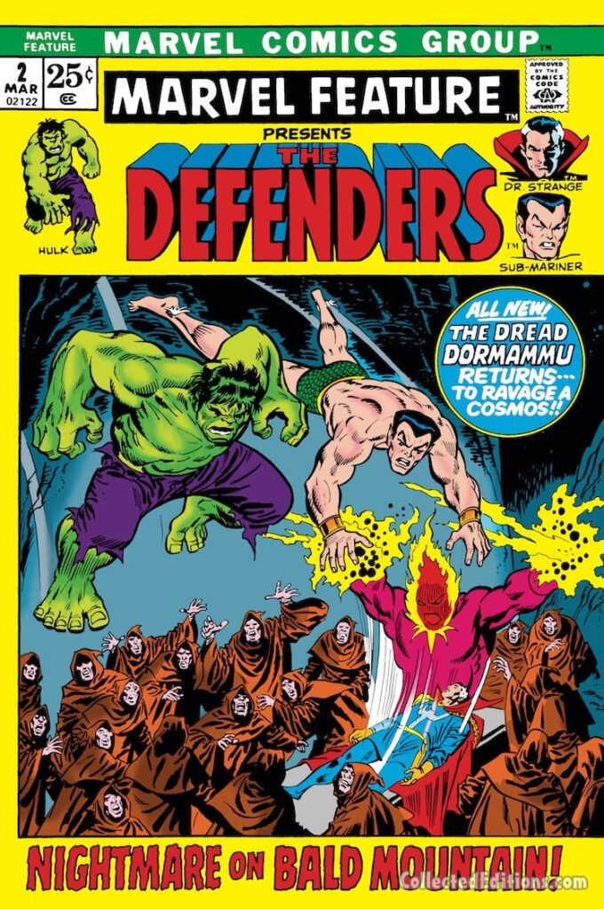 Marvel Feature #2 cover; pencils, John Buscema; inks, Frank Giacoia; alterations, John Romita Sr.; Dormammu, Sub-Mariner, Incredible Hulk, Nightmare on Bald Mountain, Rutland Vermont, Roy Thomas