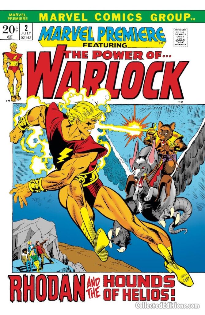 Marvel Premiere #2 cover; pencils, Gil Kane; inks, Joe Sinnott; The Power of Warlock, Adam Warlock, Rhodan and the Hounds of Helios