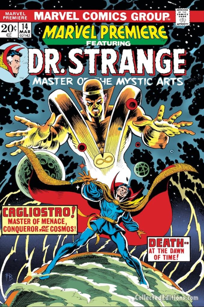 Marvel Premiere #14 cover; pencils and inks, Frank Brunner; Cagliostro, Doctor Strange