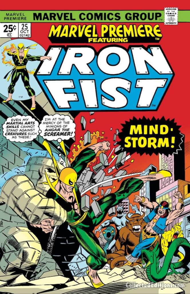 Marvel Premiere #25 cover; pencils, Gil Kane; inks, Dan Adkins; Angar the Screamer, Iron Fist, Martial Arts, karate, Mind-Storm
