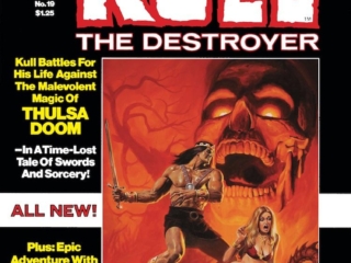 Marvel Preview #19 cover; painted art by Bob Larkin; Kull Battles for HIs Life against Thulsa Doom, Robert E. Howard, Conan, black-and-white magazine, Kull the Destroyer