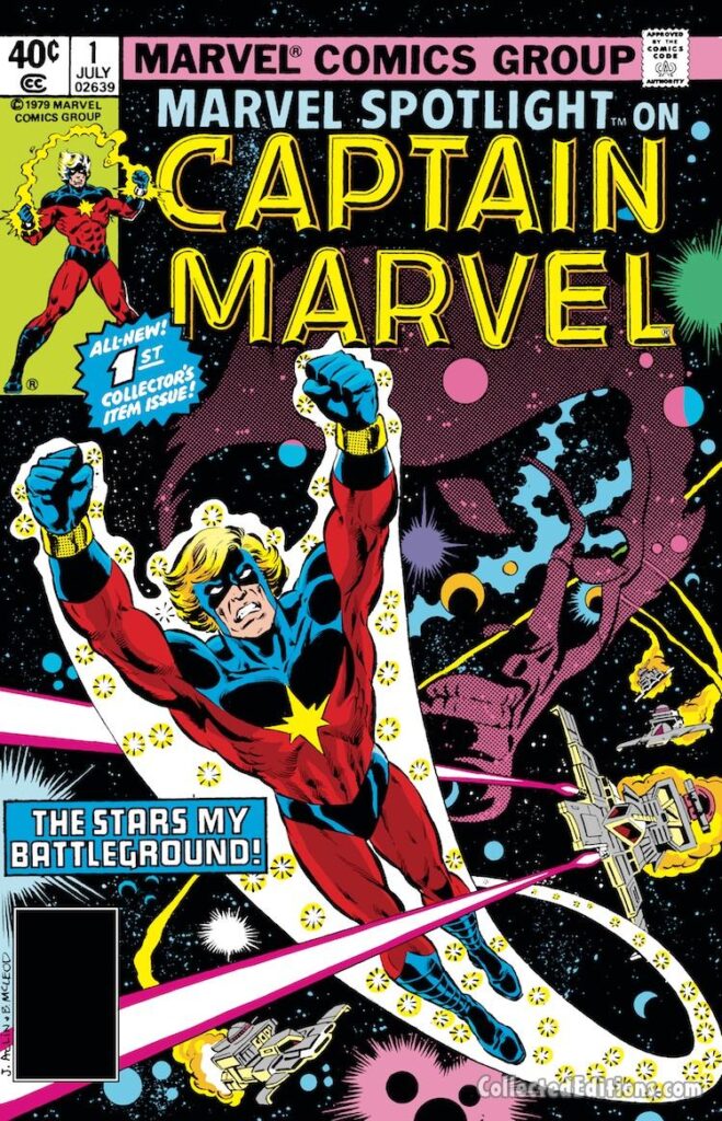 Marvel Spotlight #1 cover; pencils, Jeff Aclin; inks, Bob McLeod; The Stars My Battleground, Mar-Vell, Captain Marvel