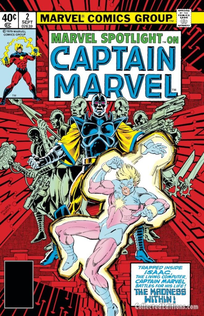 Marvel Spotlight #2 cover; pencils, Frank Miller; inks, Terry Austin; Captain Marvel, Mar-Vell, Isaac the Living Computer