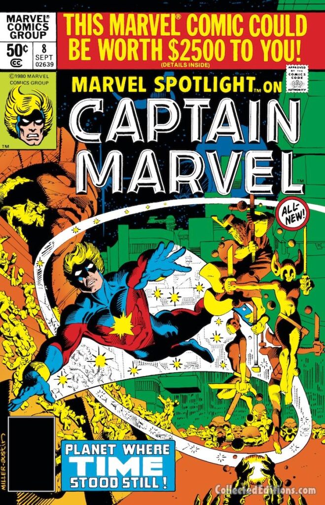 Marvel Spotlight #8 cover; pencils, Frank Miller; inks, Terry Austin; Planet Where Time Stood Still, Captain Marvel, Mar-Vell