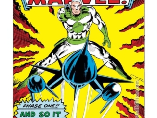 Marvel Super-Heroes #12, pg. 1; pencils, Gene Colan; inks, Frank Giacoia; "The Coming of Captain Marvel", Mar-Vell, first issue, origin, Stan Lee, splash page, Kree warrior