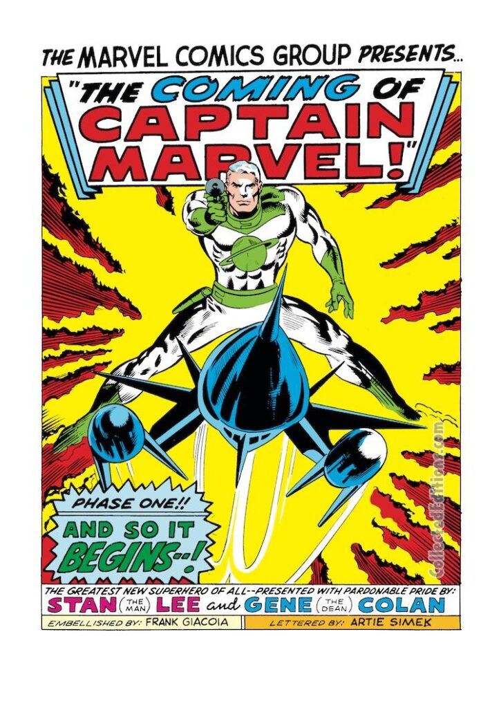 Marvel Super-Heroes #12, pg. 1; pencils, Gene Colan; inks, Frank Giacoia; "The Coming of Captain Marvel", Mar-Vell, first issue, origin, Stan Lee, splash page, Kree warrior