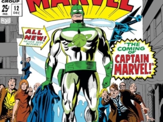 Marvel Super-Heroes #12 cover; pencils, Gene Colan; inks, Frank Giacoia; The Coming of Captain Marvel, Mar-Vell, first appearance, origin, debut issue
