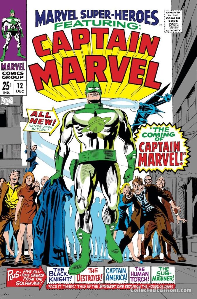 Marvel Super-Heroes #12 cover; pencils, Gene Colan; inks, Frank Giacoia; The Coming of Captain Marvel, Mar-Vell, first appearance, origin, debut issue
