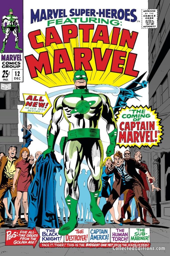 Marvel Super-Heroes #12 cover; pencils, Gene Colan; inks, Frank Giacoia; Mar-Vell, Captain Marvel, first appearance, origin issue, the Coming of Captain Marvel