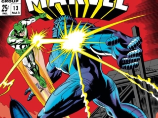 Marvel Super-Heroes #13 cover; pencils, Gene Colan; inks, Frank Giacoia; Mar-Vell, Where Stalks the Sentry, Kree warrior, green costume, Captain Marvel