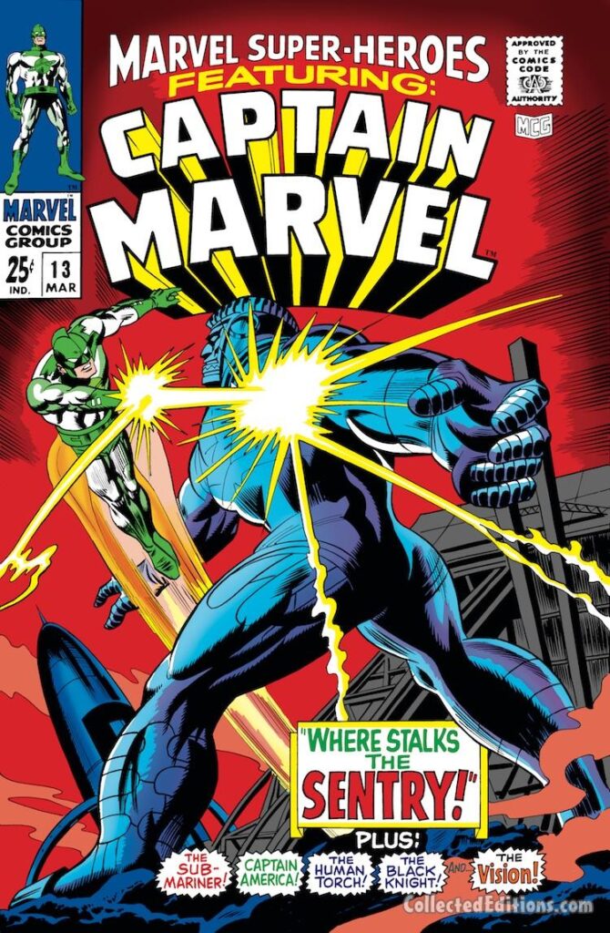 Marvel Super-Heroes #13 cover; pencils, Gene Colan; inks, Frank Giacoia; Mar-Vell, Where Stalks the Sentry, Kree warrior, green costume, Captain Marvel