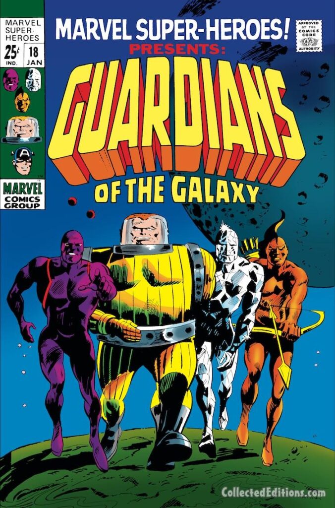 Marvel Super-Heroes #18 cover; pencils, Gene Colan; inks, Mike Esposito; first appearance of the Guardians of the Galaxy, Yondu, Charlie-27, Martinex, Vance Astro, Arnold Drake