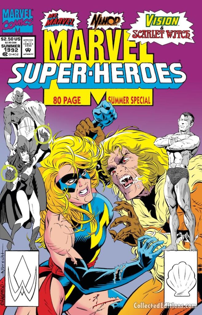 Marvel Super-Heroes #10 cover; pencils, E. Craig Brasfield; inks, Jeffrey Albrecht; Captain Marvel, Carol Danvers, Sabretooth