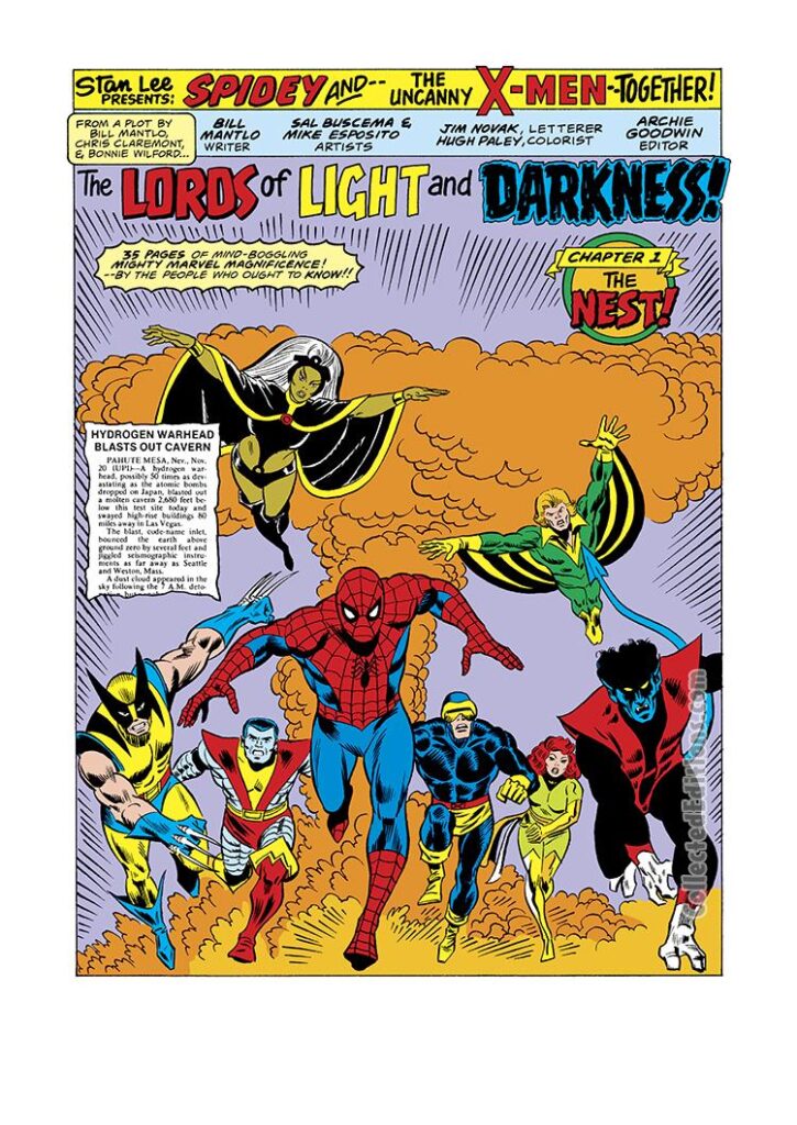 Marvel Team-Up Annual #1, pg. 1; pencils, Sal Buscema; inks, Mike Esposito; Spider-Man, Uncanny X-Men, Jean Grey, Phoenix, Cyclops; The Lords of Light and Darkness, Bill Mantlo, splash page