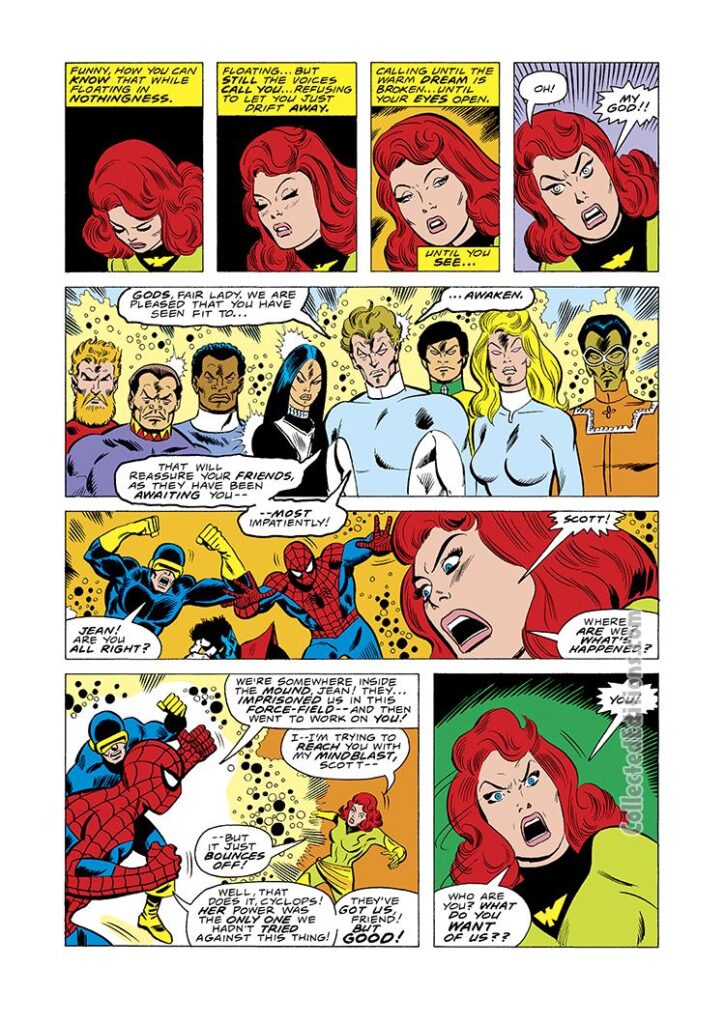 Marvel Team-Up Annual #1, pg. 26; pencils, Sal Buscema; inks, Mike Esposito; Spider-Man, Spider-Man, Uncanny X-Men, Jean Grey, Phoenix, Cyclops; The Lords of Light and Darkness, Bill Mantlo