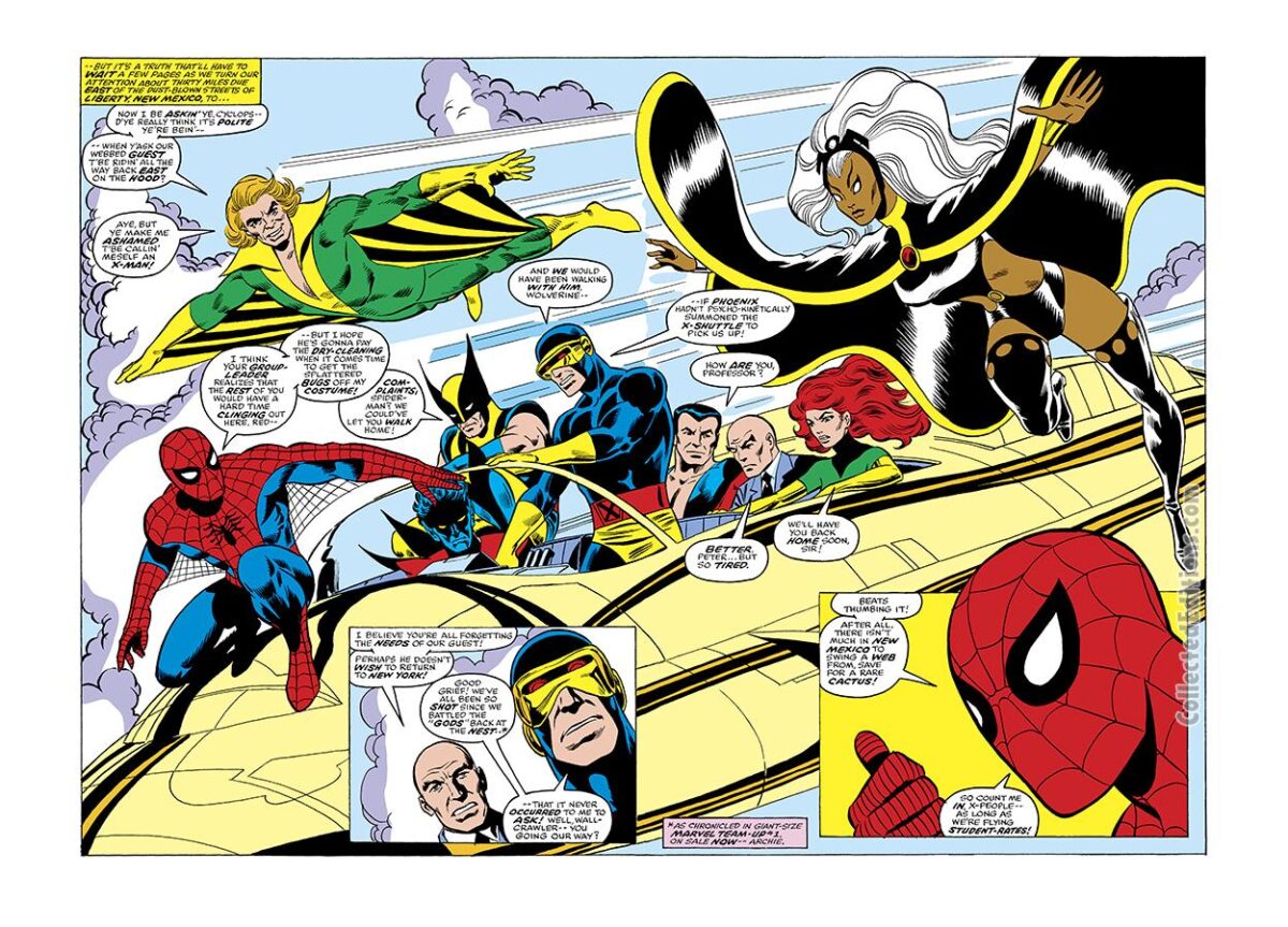 Marvel Team-Up #53, pgs. 4-5; pencils, John Byrne; inks, Frank Giacoia; Spider-Man, Uncanny X-Men, Storm, Banshee, Nightcrawler, Wolverine, Cyclops, Jean Grey, Phoenix, Colossus, Professor Xavier, double-page spread