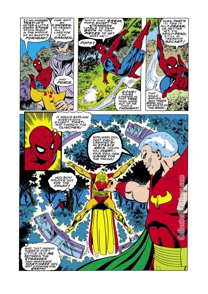 Marvel Team-Up #55, pg. 12; pencils, John Byrne; inks, Dave Hunt; Spider-Man, Adam Warlock, the Stranger, the Gardener