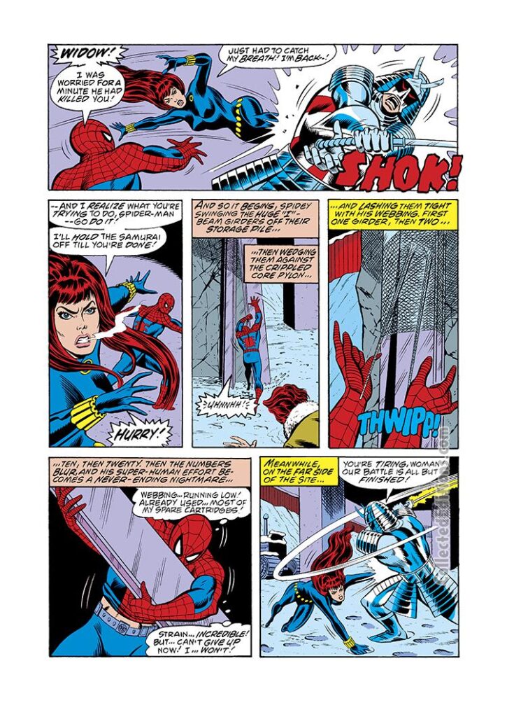 Marvel Team-Up #57, pg. 14; pencils, Sal Buscema; inks, Dave Hunt; Spider-Man, Black Widow, Silver Samurai