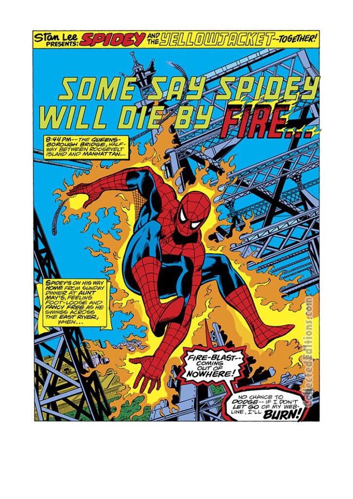 Marvel Team-Up #59, pg. 1; pencils, John Byrne; inks, Dave Hunt; Spider-Man, Some Say Spidey Will Die By Fire splash page, Yellowjacket