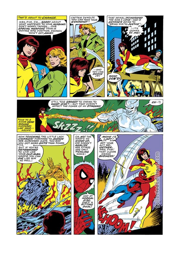 Marvel Team-Up #60, pg. 2; pencils, John Byrne; inks, Dave Hunt; Spider-Man, Captain Jean DeWolff, Wasp, Janet Van Dyne, Equinox the Thermodynamic Man