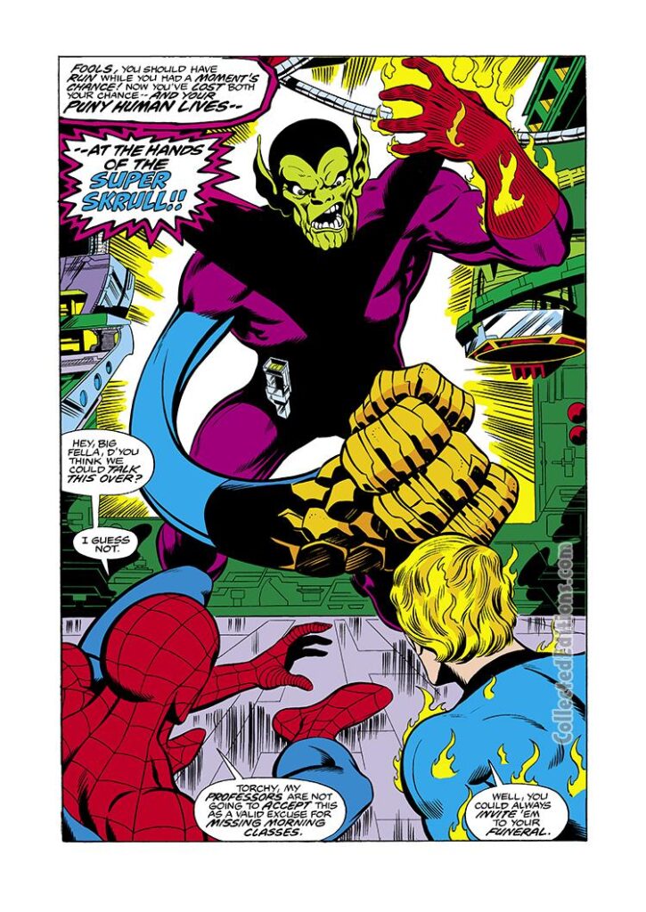 Marvel Team-Up #61, pg. 8; pencils, John Byrne; inks, Dave Hunt; Spider-Man, Super-Skrull, Johnny Storm, Human Torch