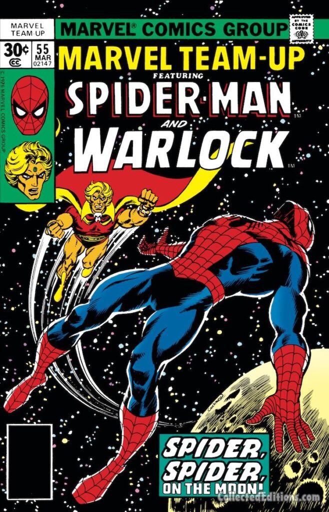 Marvel Team-Up #55 cover; pencils and inks, Dave Cockrum; Spider-Man, Adam Warlock, on the moon