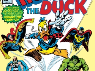 Marvel Treasury Edition #12 cover; pencils, Gene Colan; inks, Tom Palmer; alterations, John Romita Sr.; Howard the Duck/Defenders team-up, Hulk, Nighthawk, Valkyrie, Doctor Strange