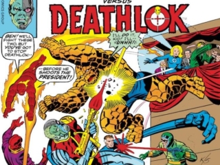 Marvel Two-In-One #27 cover; pencils, Jack Kirby; inks, Joe Sinnott; The Thing, Deathlok, Fantastic Four